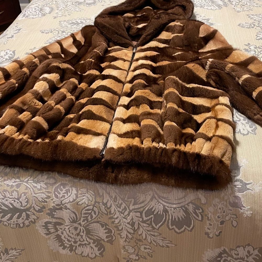 Brown and Tan sheared genuine mink fur jacket